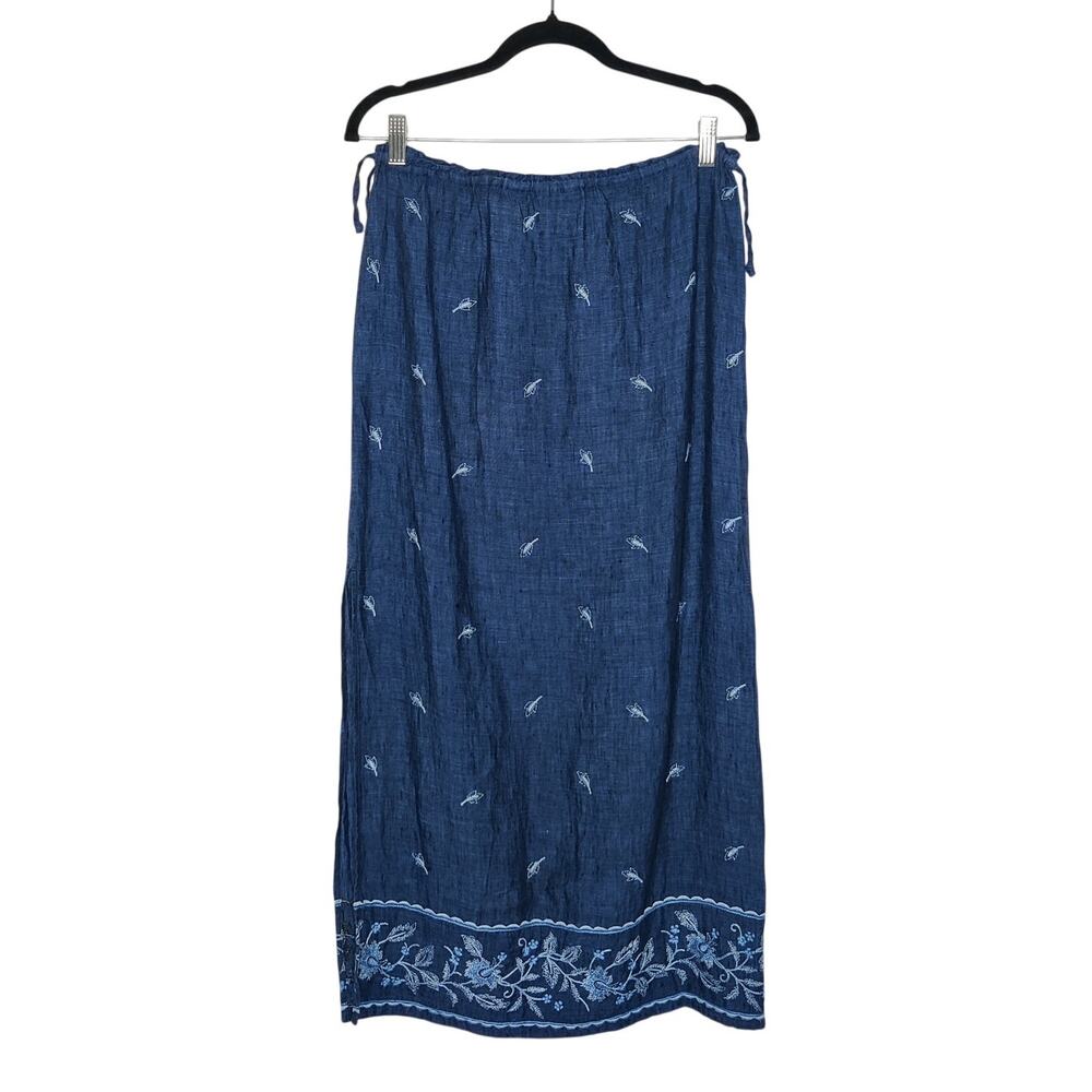 Vtg Ann Taylor Linen Chambray Leaf Embroidery Pull On Maxi Skirt 4 Cottagecore